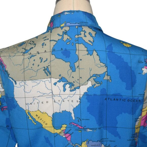Vintage 70s Button Front Shirt Blouse World Map Print Long Sleeves Pockets M - Picture 5 of 7